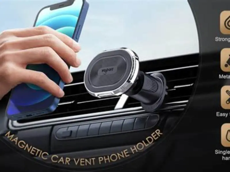phone mounted on vertical car vent blades with magnetic mount