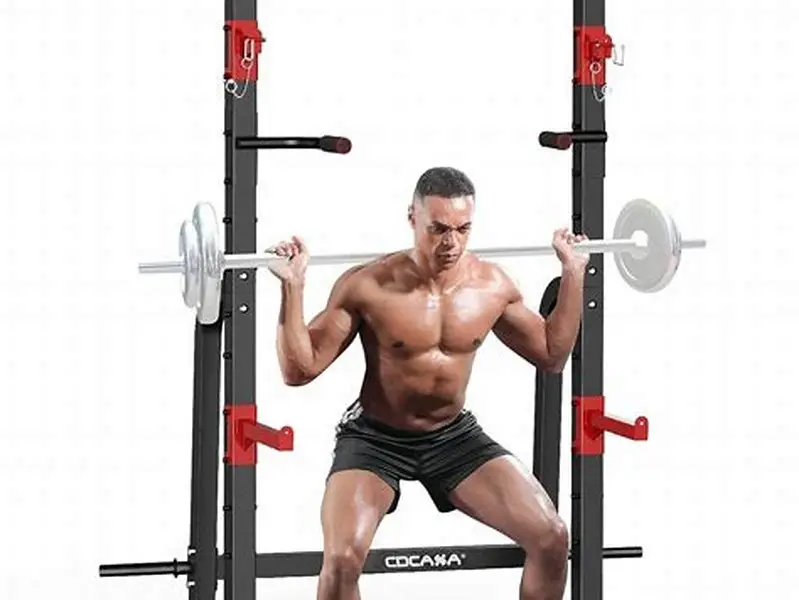 Phone mounted on gym power rack upright filming squat