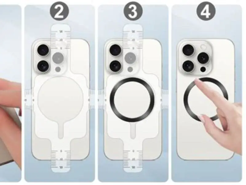 phone attached to water bottle with MagSafe ring sticker inside silicone case